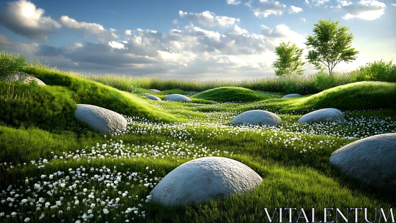 Sunlit meadow hills with white stone mounds and flora.