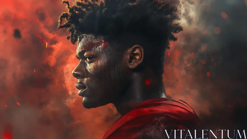 Determined athlete emerging through swirling embers and smoke.