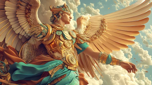 Baroque celestial warrior in ornate golden winged armor.