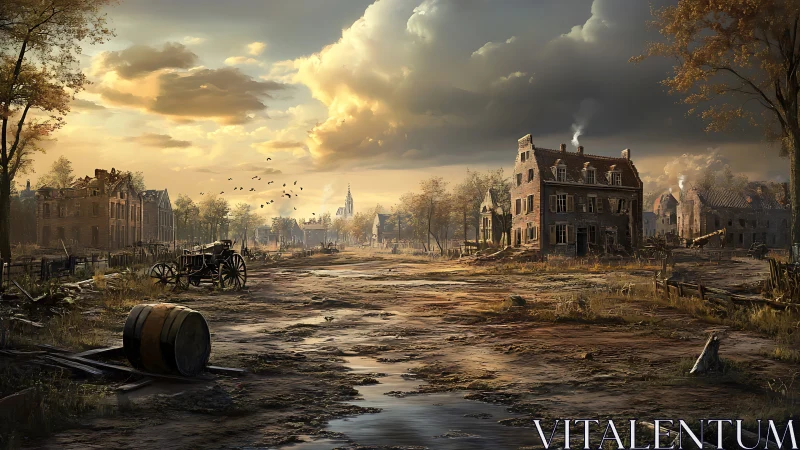 Rural post war village street with ruined brick houses.