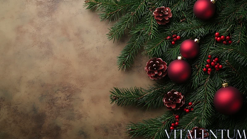 Warm Christmas greenery rests softly with red ornaments