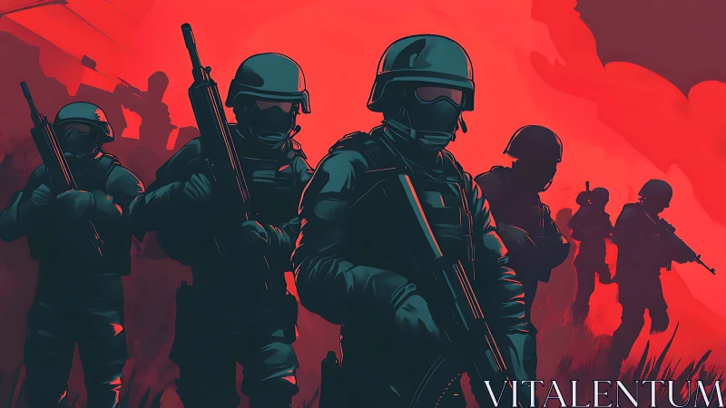 Armed soldiers move in formation against intense red sky.