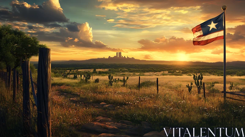 Sunlit prairie with lone star flag and distant skyline.