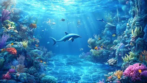 Shark swims through luminous coral reef under clear surface