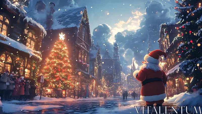 Snowlit Christmas street where Santa greets a glowing town.