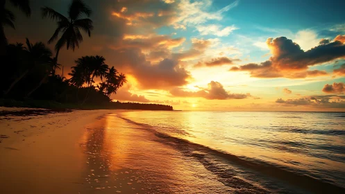 Tropical shoreline with palm silhouettes at low sun angle.