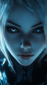 Cybernetic heroine with luminous blue eyes in shadow