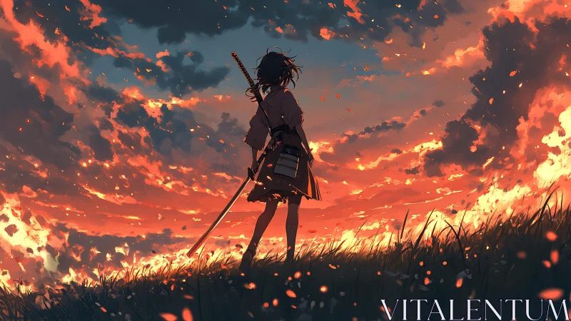 Samurai silhouette studies dusk sky in cinematic anime tableau