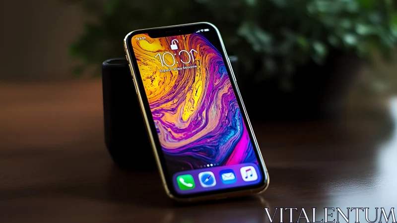 Gold iPhone XS Max displaying vibrant abstract wallpaper.
