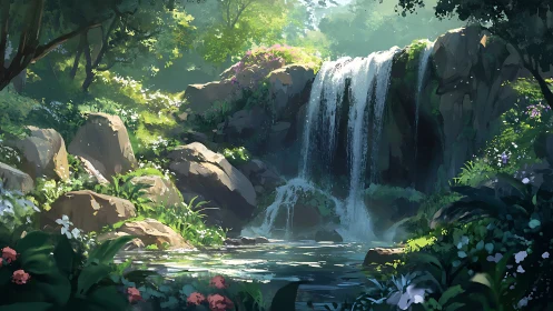 Lush forest waterfall scene with rocks and calm pool.