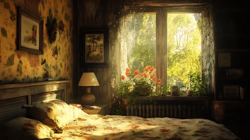 Sunlit floral bedroom interior with bright garden view