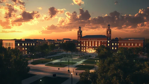 University campus quadrangle with brick buildings at dusk.