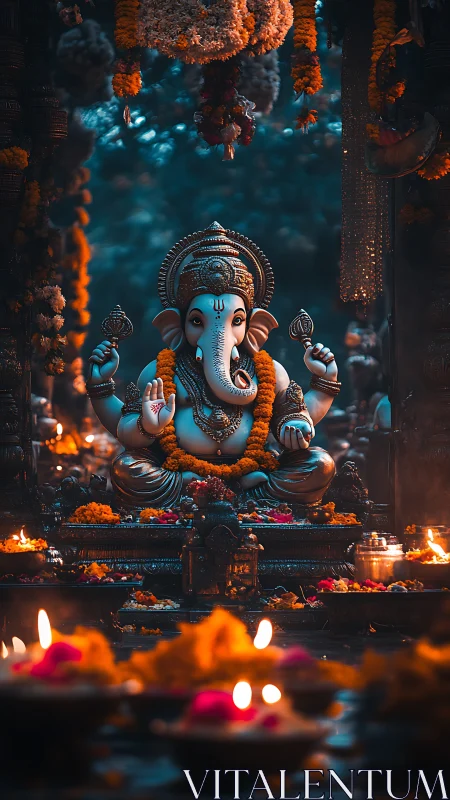 Ganesh idol in candlelit shrine with teal and amber tones.