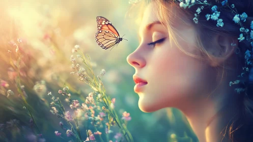 Young woman and butterfly share a tranquil spring sunrise moment