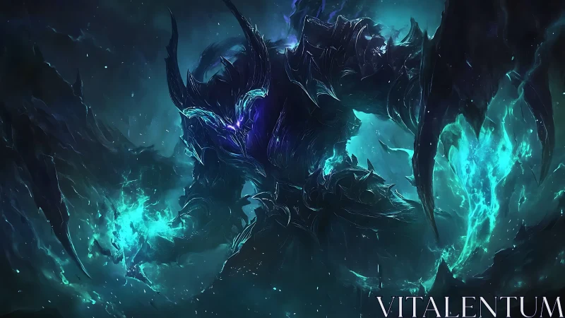 Armored spectral titan channels teal energy in darkness