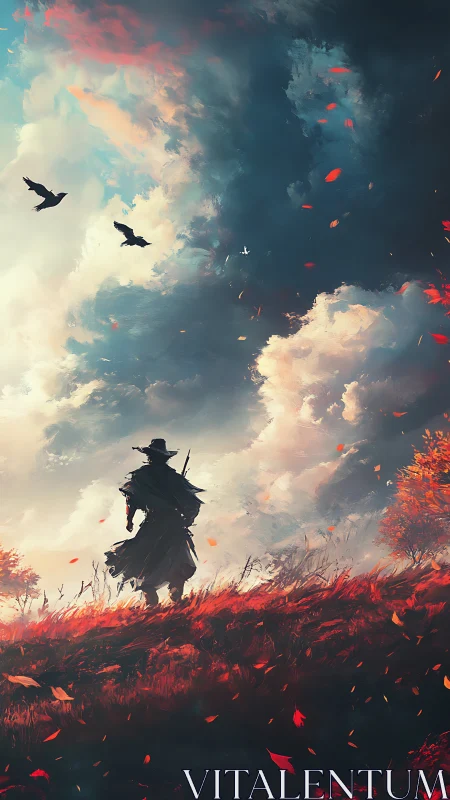 Lone wanderer under stormy sky on red autumn field.