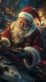 Warmly lit Santa writing letters at rustic Christmas desk