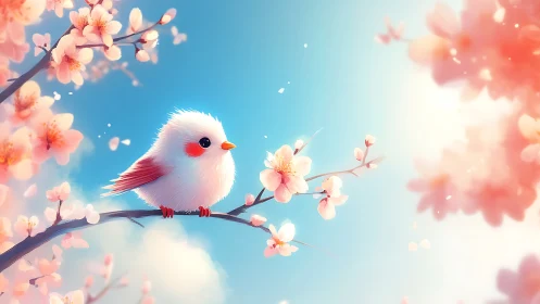 Luminous Bird Among Cherry Blossoms: Digital Fantasy Composition.