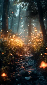 Magical forest path glows with enchanting golden lights