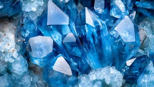 Gleaming blue quartz crystals rise in a vivid mineral cluster.
