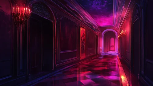 Neon-lit baroque corridor with reflective marble floor surfaces