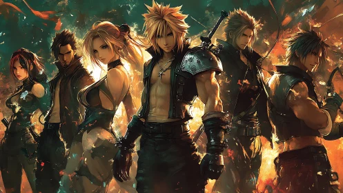 Fierce anime heroes gathered in glowing embers of battle.