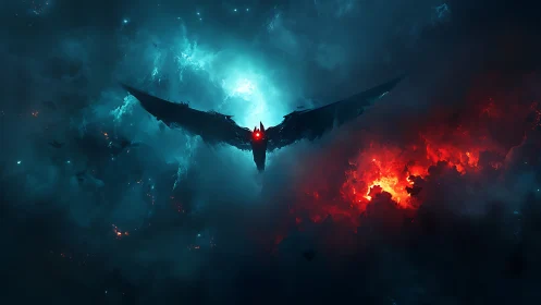 Winged void splits turquoise storm from burning nebula