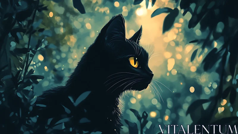 A Black Cat's Golden-Eyed Wonder in the Evening Garden.