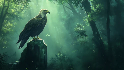 Majestic Eagle Perched on Rock in Misty Sunlit Forest, Digital Art.