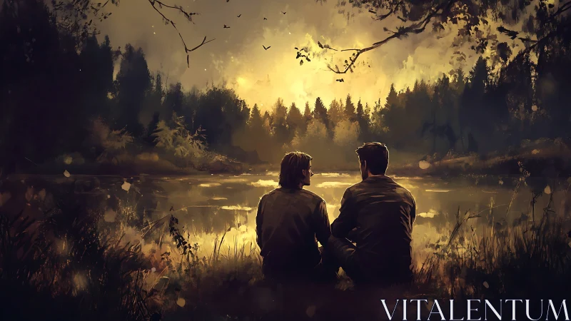 Two figures observe golden-lit forest lake at dusk