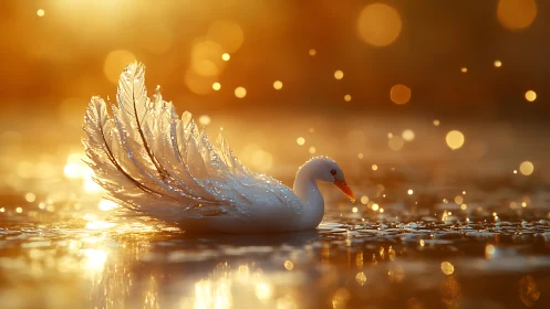 Swan with crystal plumage in golden backlit water glow.