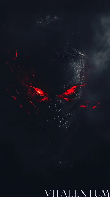 Sinister skull face with glowing red eyes in darkness.