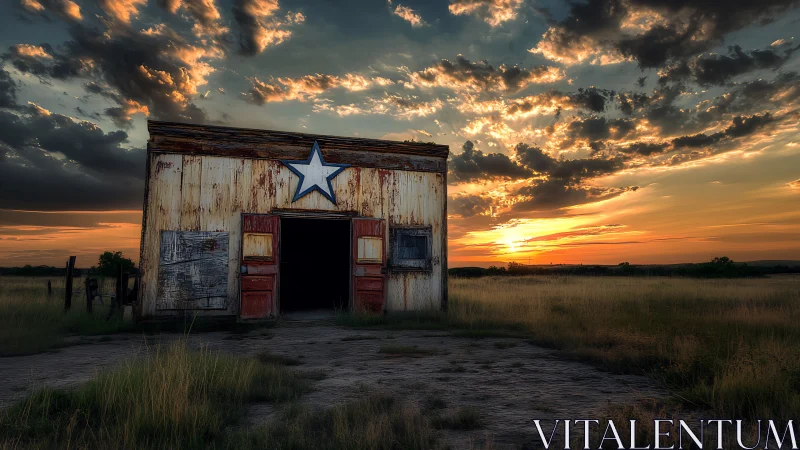 Lone star shack leaning into a wildfire prairie sunset.