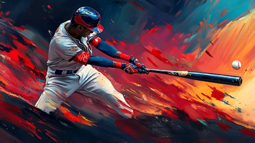 Explosive baseball swing amid abstract neon color trails.