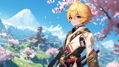 Cherry blossom wanderer guards a tranquil mountain kingdom.