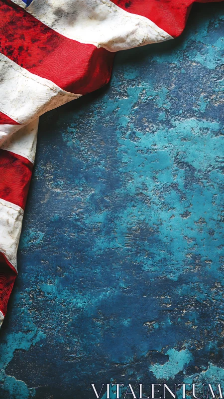 Weathered textile lies on distressed blue textured surface