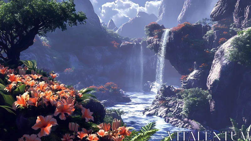 Sunlit jungle falls and blossoms in a dreamy hidden valley.