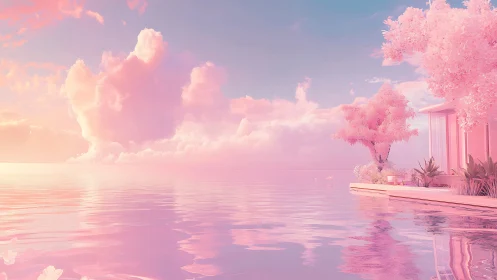 Pastel lakeside pavilion in ethereal pink atmospheric light.