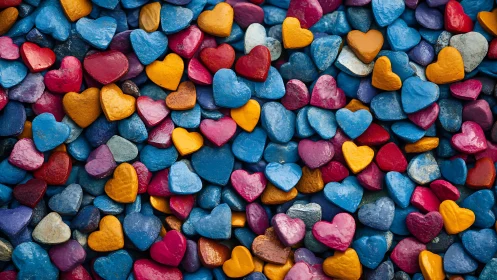 Polychromatic heart-shaped objects arranged in dense composition.