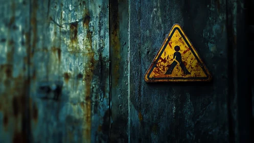 Rusty construction warning sign on dark metal wall.