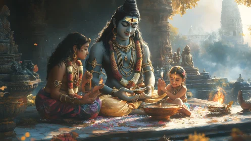 Divine family tableau renders devotional ritual in warm haze