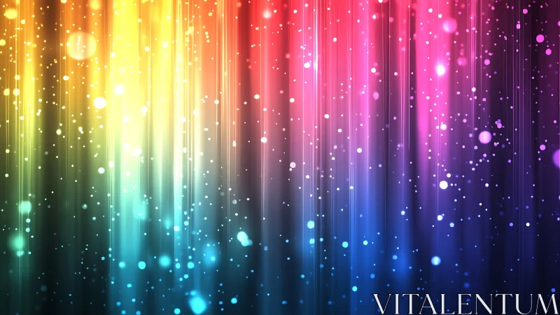 Prismatic light streaks with floating bokeh particles glow.