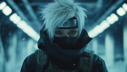 Snowlit cyber ninja stalks the neon tunnel twilight.