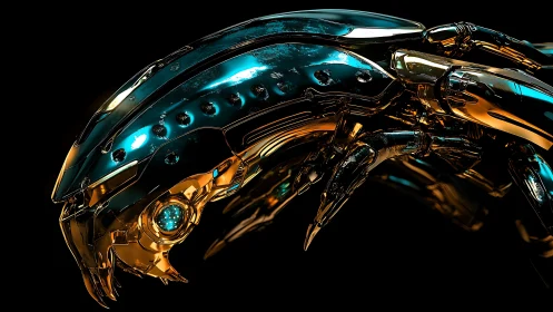 Metallic robotic insect head rendered with reflective lighting