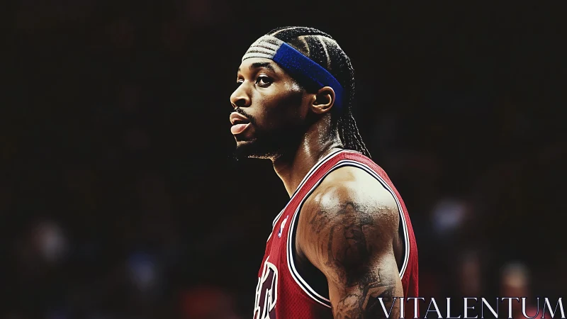 Basketball player in red jersey under arena lights.
