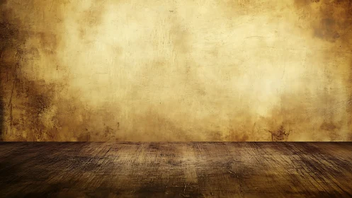 Vintage golden wall meets rustic wooden floor texture.