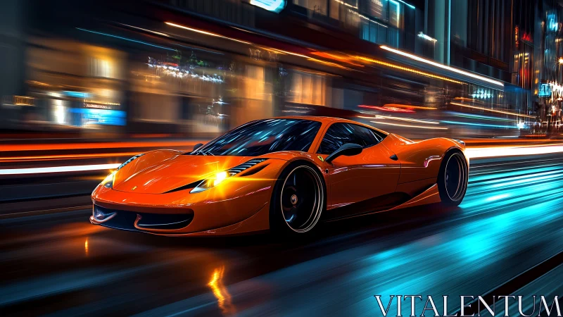 Sleek orange supercar gliding through neon city lights at night.