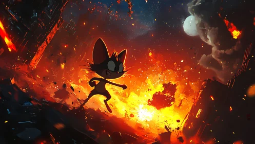 Cartoon cat strides through fiery city blast at night