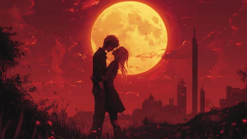 Lunar backlit couple silhouette over crimson urban skyline.
