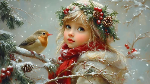 Winter portrait of girl with bird and evergreen wreath.